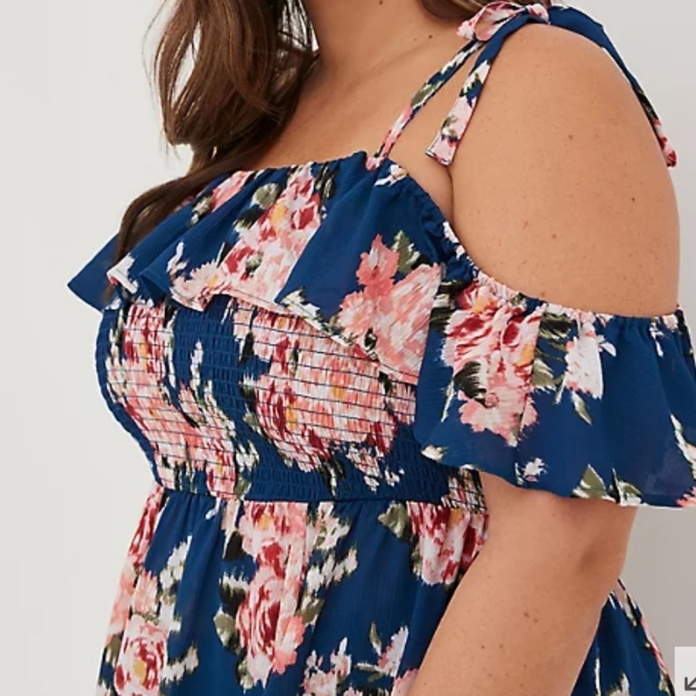 🆕️👗🩱BLUE FLORAL RUFFLE LACE TRIM SWIM COVERUP DRESS🩱👗 - Picture 2 of 7